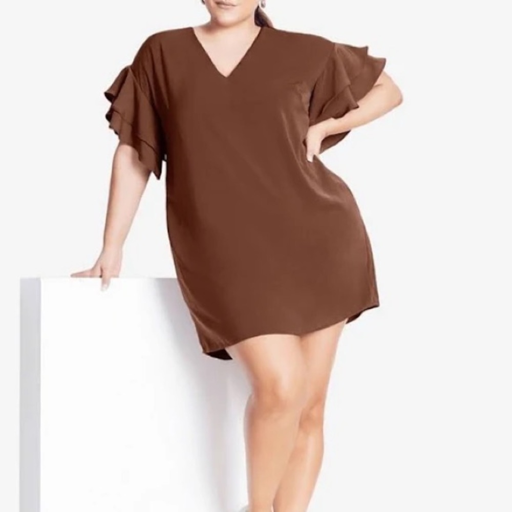 Brown Ruffle Sleeve Shift Dress